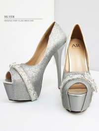 【予約商品/11月上旬-11月中旬発送予定】【ANGEL R/エンジェルアール】15.5cmヒール/ ビジュー/ パール/ リボン/ グリッター/ オープントゥ/ ハイヒール / パンプス[OF02]