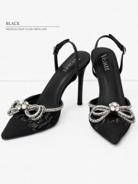 【Veautt/ヴュート】10cmヒール/ ビジューリボン/ レース/ バックストラップ/ ポインテッドトゥパンプス/ ハイヒール/ サンダル[OF02]