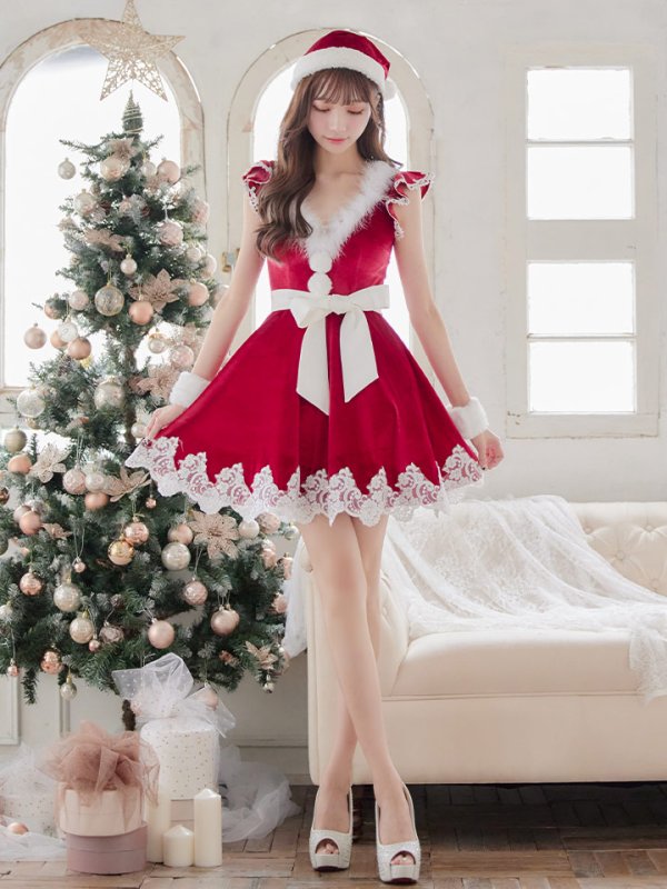 画像13: 【sugar nine サンタコス 5点セット】【S-XLサイズ/2カラー】フレアスリーブ刺繍レースフレアサンタ[OF03]