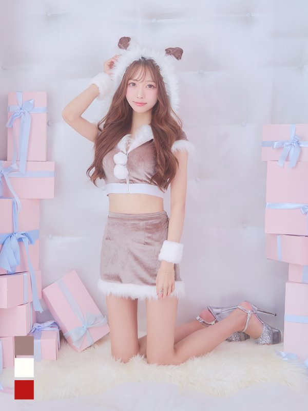 画像3: 【即日発送！】【XS-XLサイズ/3カラー】ベロアフードバニーセットアップサンタコスプレ[OF04]