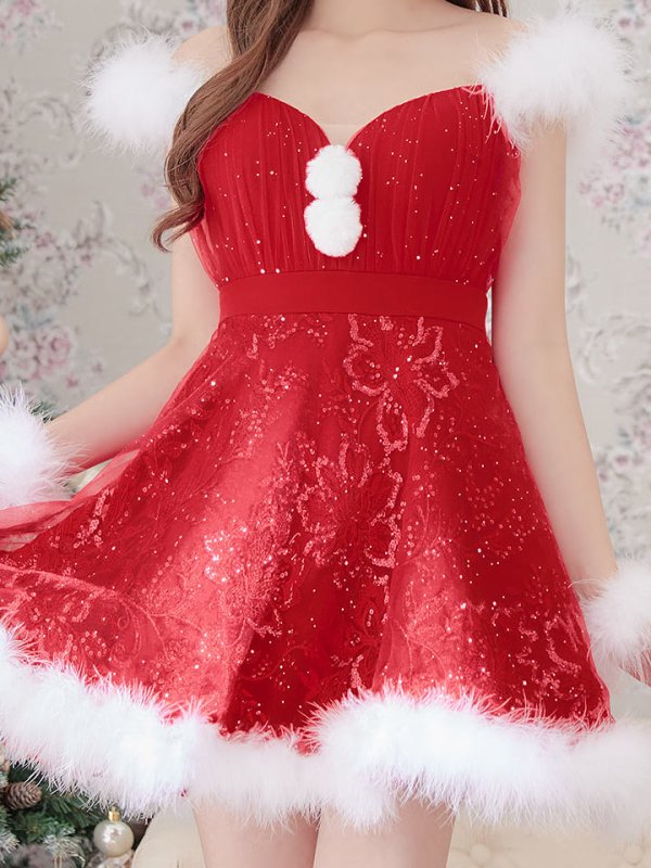 画像13: SALE!ファーショルダー/ スパンコールチュール/ 刺繍レースフレアサンタ【sugar nine サンタコス 4点セット】【S-XLサイズ/2カラー】[YMT]