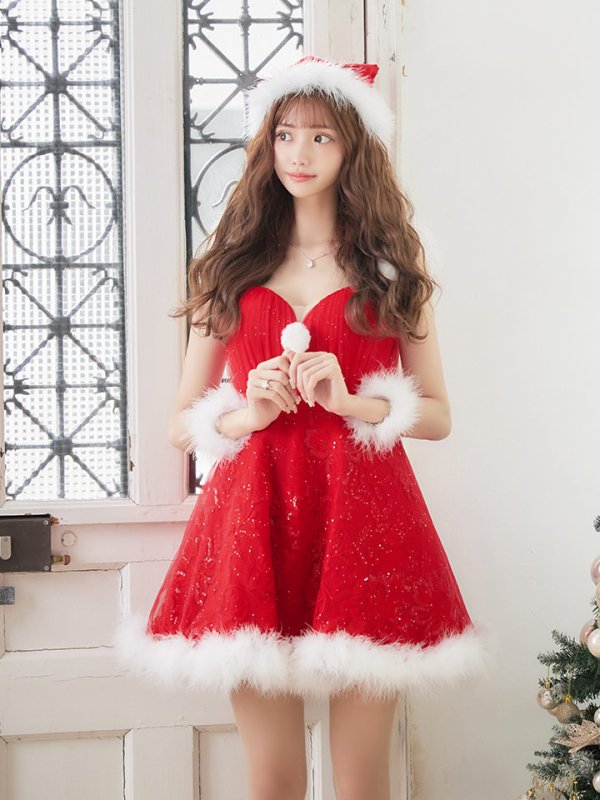 画像9: SALE!ファーショルダー/ スパンコールチュール/ 刺繍レースフレアサンタ【sugar nine サンタコス 4点セット】【S-XLサイズ/2カラー】[YMT]