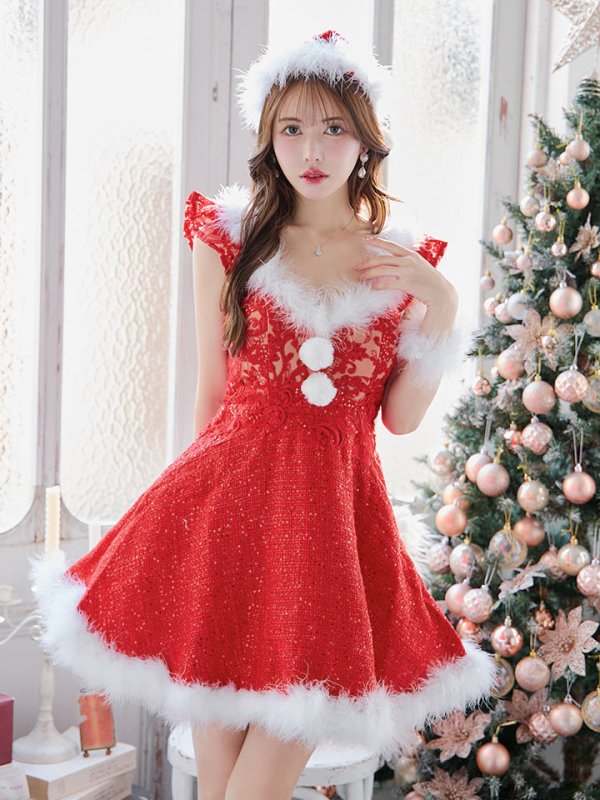 画像12: 【サンタセール！】【サンタコス 4点セット】【S-XLサイズ/1カラー】ショートフリルスリーブ/ ツイードフレアサンタ[OF04]