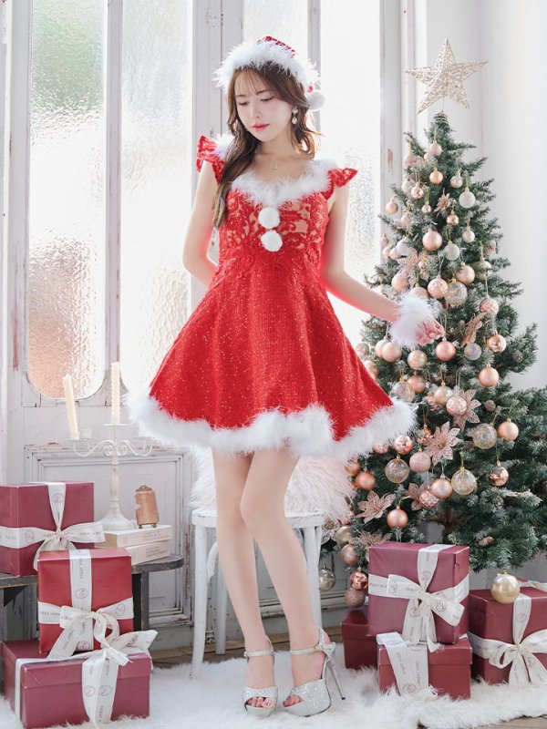 画像15: 【サンタセール！】【サンタコス 4点セット】【S-XLサイズ/1カラー】ショートフリルスリーブ/ ツイードフレアサンタ[OF04]