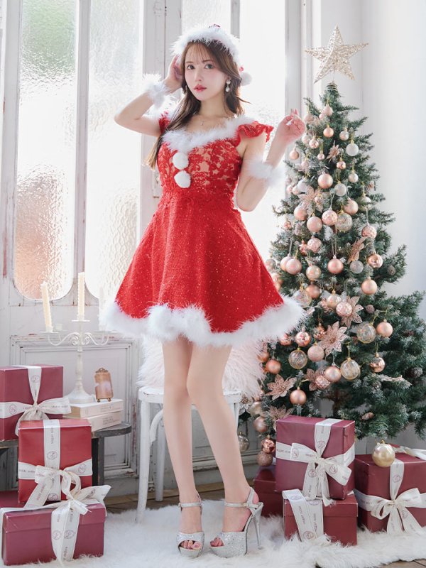 画像17: 【サンタセール！】【サンタコス 4点セット】【S-XLサイズ/1カラー】ショートフリルスリーブ/ ツイードフレアサンタ[OF04]