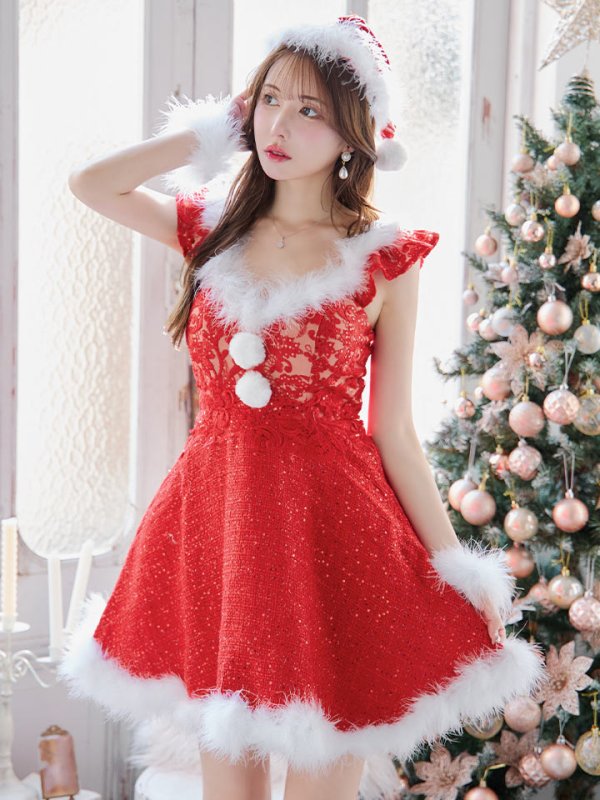 画像18: 【サンタセール！】【サンタコス 4点セット】【S-XLサイズ/1カラー】ショートフリルスリーブ/ ツイードフレアサンタ[OF04]