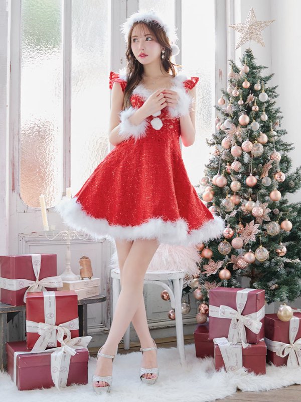 画像22: 【サンタセール！】【サンタコス 4点セット】【S-XLサイズ/1カラー】ショートフリルスリーブ/ ツイードフレアサンタ[OF04]