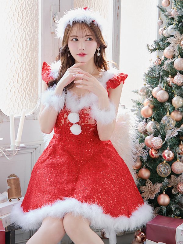 画像24: 【サンタセール！】【サンタコス 4点セット】【S-XLサイズ/1カラー】ショートフリルスリーブ/ ツイードフレアサンタ[OF04]