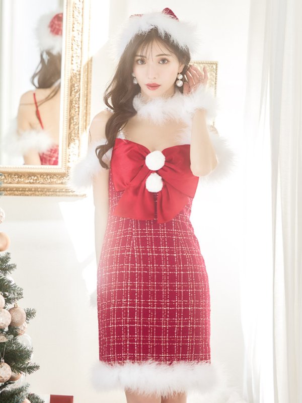 画像10: 【サンタセール！】【サンタコス 5点セット】【XS-Mサイズ/1カラー】リボンキャミソールタイトツイードサンタコスプレ[YMT]