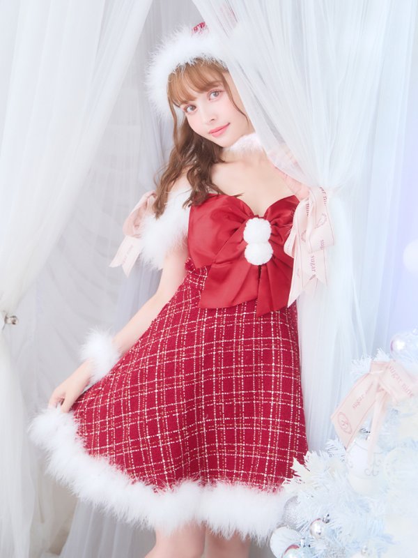 画像3: 【ノベルティ対象】【即日発送！】【サンタコス 5点セット】【S-XLサイズ/1カラー】リボンキャミソールフレアツイードサンタコスプレ[YMT]