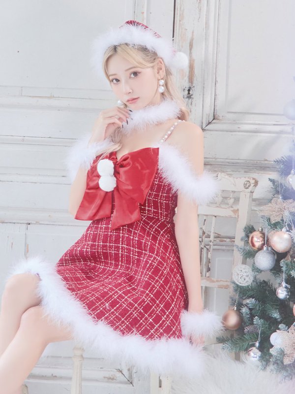 画像3: 【ノベルティ対象】【即日発送！】【サンタコス 5点セット】【S-XLサイズ/1カラー】リボンキャミソールフレアツイードサンタコスプレ[YMT]