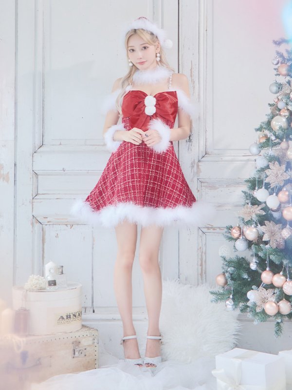 画像6: 【ノベルティ対象】【即日発送！】【サンタコス 5点セット】【S-XLサイズ/1カラー】リボンキャミソールフレアツイードサンタコスプレ[YMT]