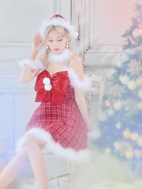 画像11: 【ノベルティ対象】【即日発送！】【サンタコス 5点セット】【S-XLサイズ/1カラー】リボンキャミソールフレアツイードサンタコスプレ[YMT]