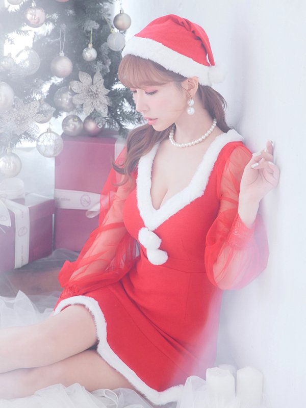 画像13: 【サンタセール！】【サンタコス 3点セット】【S-XLサイズ/1カラー】ワッフル生地長袖ドレスサンタ[YMT]