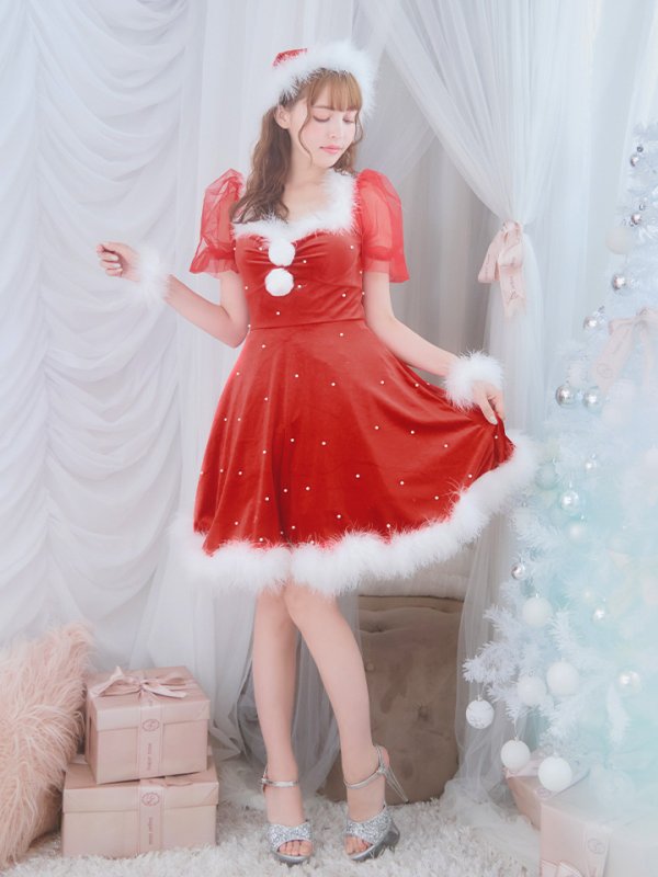 画像5: 【サンタセール！】【サンタコス 4点セット】【S-Lサイズ/1カラー】ベロアパールフレアスカートサンタコスプレ[YMT]