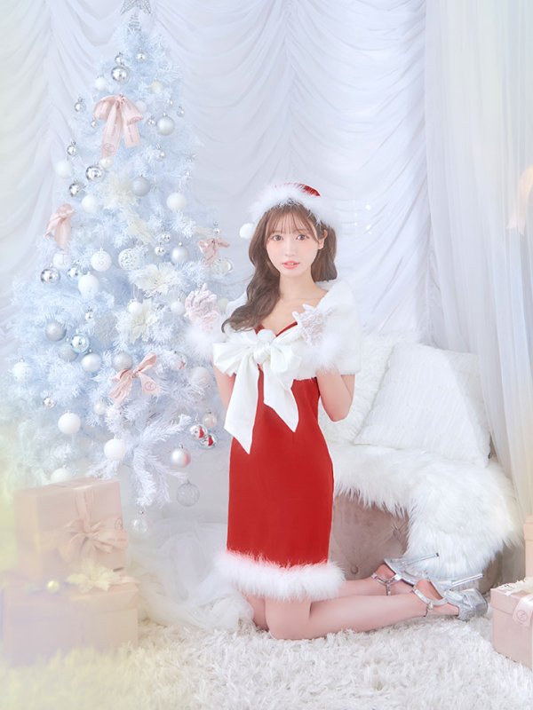 画像6: 【ノベルティ対象】【即日発送！】【サンタコス 5点セット】【S-Lサイズ/2カラー】サテンリボンファーサンタコスプレ[YMT]