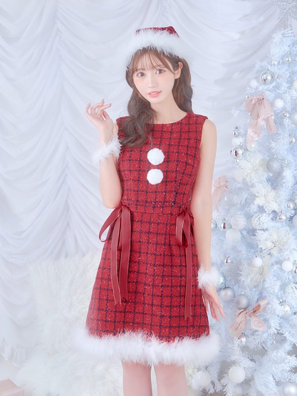 画像4: 【サンタセール！】【サンタコス 4点セット】【S-Lサイズ/2カラー】サイドリボンツイードサンタコスプレ[OF04]