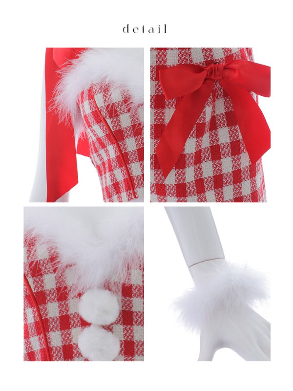 画像40: 【ノベルティ対象】【即日発送！】【サンタコス 6点セット】【XS-Lサイズ/1カラー】ショルダーリボン赤チェックタイトサンタ[YMT]