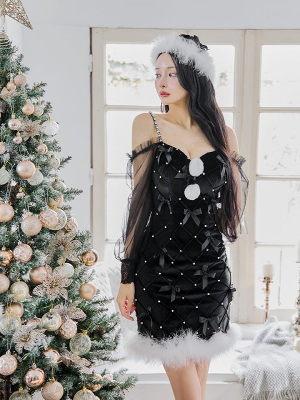 画像3: 【ノベルティ対象】【即日発送！】【サンタコス 3点セット】【XS-XLサイズ/2カラー】キルティングリボン袖付きタイトサンタ[OF04]