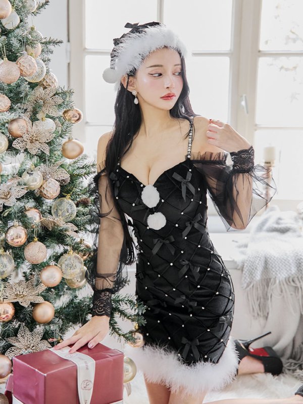 画像6: 【ノベルティ対象】【即日発送！】【サンタコス 3点セット】【XS-XLサイズ/2カラー】キルティングリボン袖付きタイトサンタ[OF04]