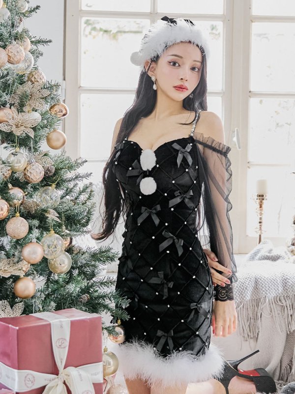 画像7: 【ノベルティ対象】【即日発送！】【サンタコス 3点セット】【XS-XLサイズ/2カラー】キルティングリボン袖付きタイトサンタ[OF04]