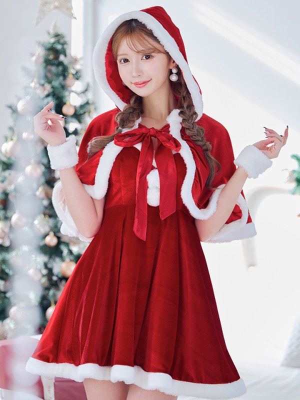 画像21: 【即日発送！】【サンタコス 4点セット】【S-Lサイズ/2カラー】ポンチョ付きフレアサンタコスプレ[YMT]