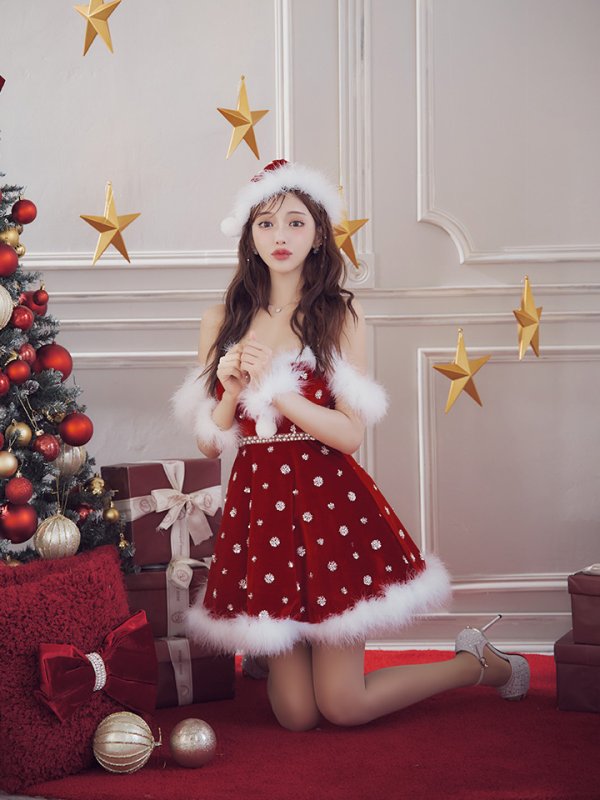 画像12: 【即日発送！】【サンタコス 4点セット】【XS-XLサイズ/1カラー】ビジューショルダーフレアサンタ[OF04]