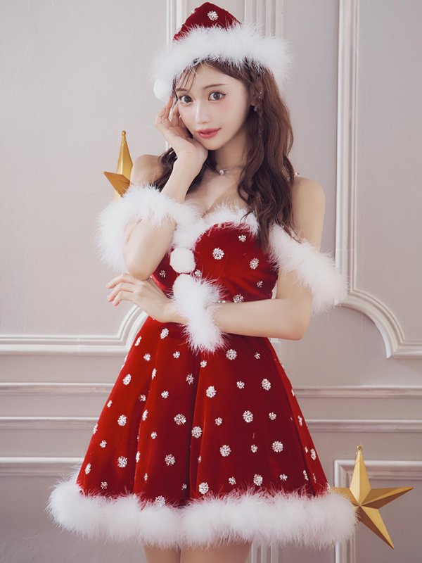 画像3: 【即日発送！】【サンタコス 4点セット】【XS-XLサイズ/1カラー】ビジューショルダーフレアサンタ[OF04]