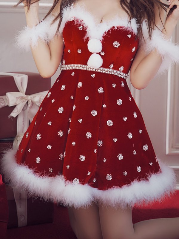 画像7: 【即日発送！】【サンタコス 4点セット】【XS-XLサイズ/1カラー】ビジューショルダーフレアサンタ[OF04]