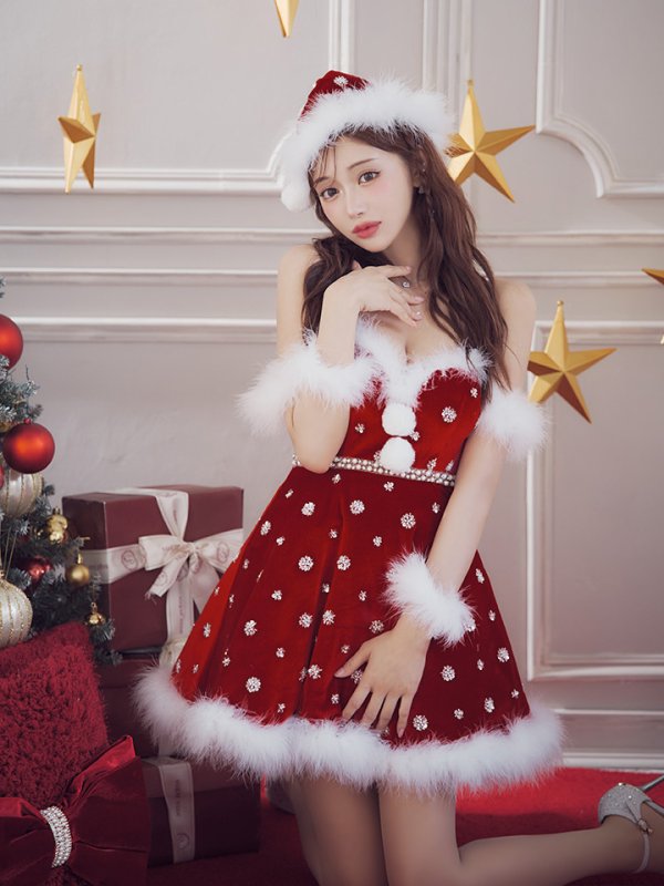 画像8: 【即日発送！】【サンタコス 4点セット】【XS-XLサイズ/1カラー】ビジューショルダーフレアサンタ[OF04]