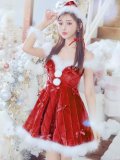 【即日発送！】【サンタコス 4点セット】【XS-XLサイズ/2カラー】リボンモチーフパールショルダーフレアサンタ[YMT]