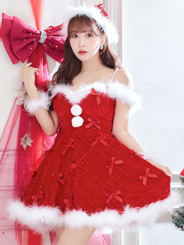 画像2: 【即日発送！】【サンタコス 4点セット】【XS-XLサイズ/2カラー】リボンモチーフパールショルダーフレアサンタ[YMT]