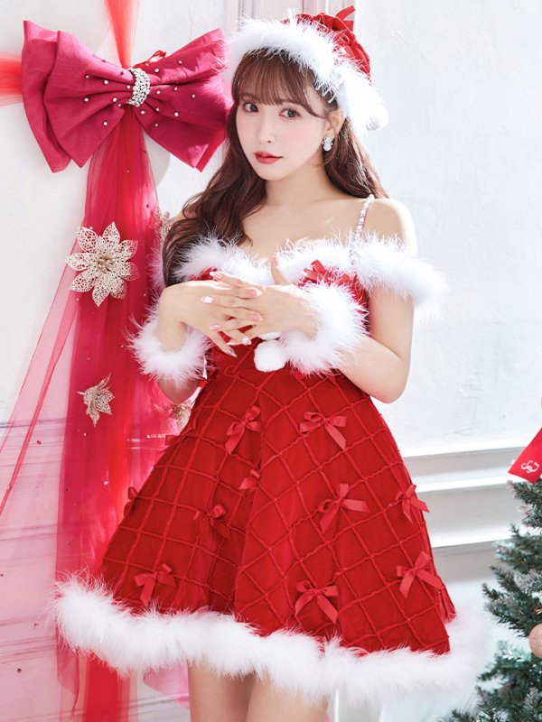 画像3: 【ノベルティ対象】【即日発送！】【サンタコス 4点セット】【XS-XLサイズ/2カラー】リボンモチーフパールショルダーフレアサンタ[YMT]