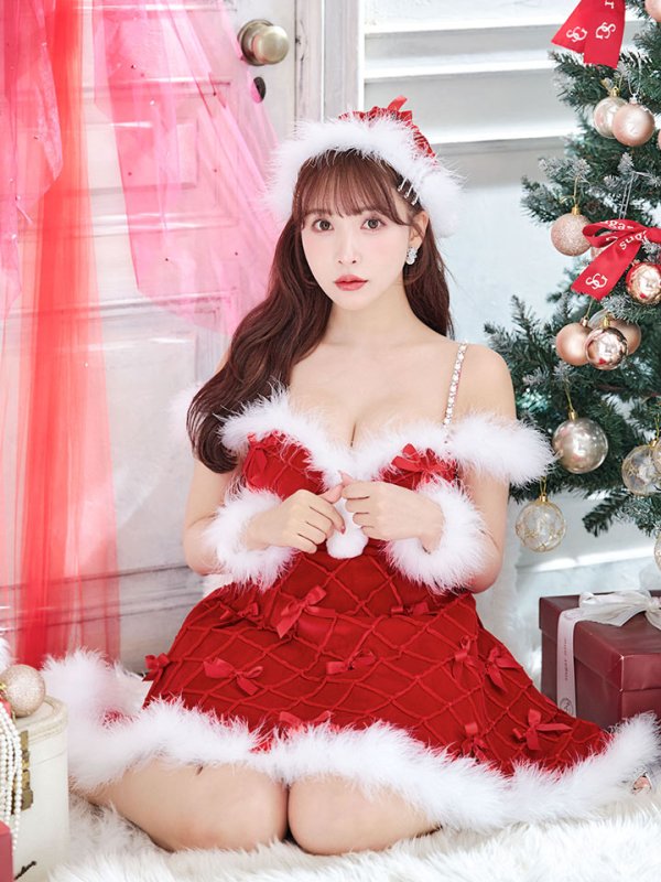 画像9: 【ノベルティ対象】【即日発送！】【サンタコス 4点セット】【XS-XLサイズ/2カラー】リボンモチーフパールショルダーフレアサンタ[YMT]