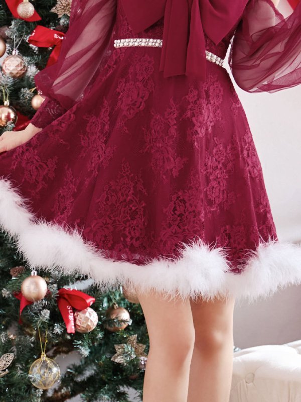 画像21: 【ノベルティ対象】【即日発送！】【サンタコス 3点セット】【XS-Lサイズ/2カラー】フロントビッグリボンオフショル袖付きフレアサンタ[YMT]