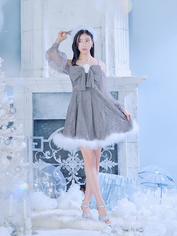 画像9: 【ノベルティ対象】【即日発送！】【サンタコス 3点セット】【XS-Lサイズ/2カラー】フロントビッグリボンオフショル袖付きフレアサンタ[YMT]