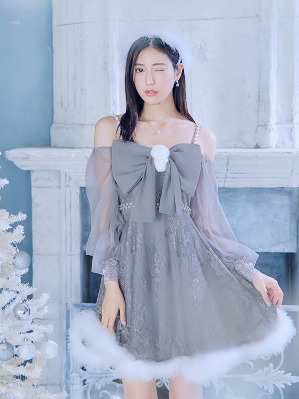 画像3: 【ノベルティ対象】【即日発送！】【サンタコス 3点セット】【XS-Lサイズ/2カラー】フロントビッグリボンオフショル袖付きフレアサンタ[YMT]