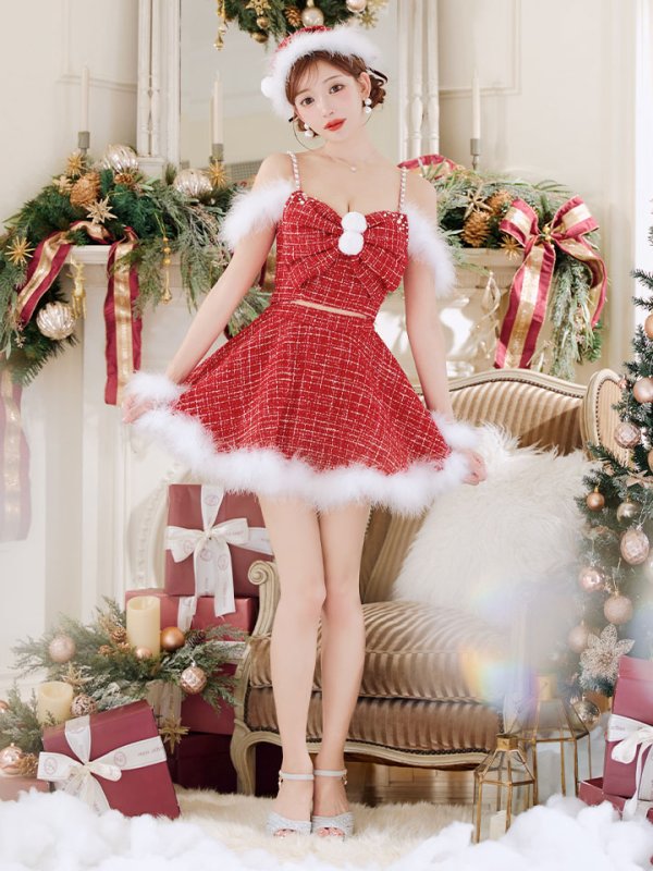 画像4: 【即日発送！】【サンタコス 5点セット】【XS-XLサイズ/2カラー】フロントリボンセットアップツイードサンタ[OF04]