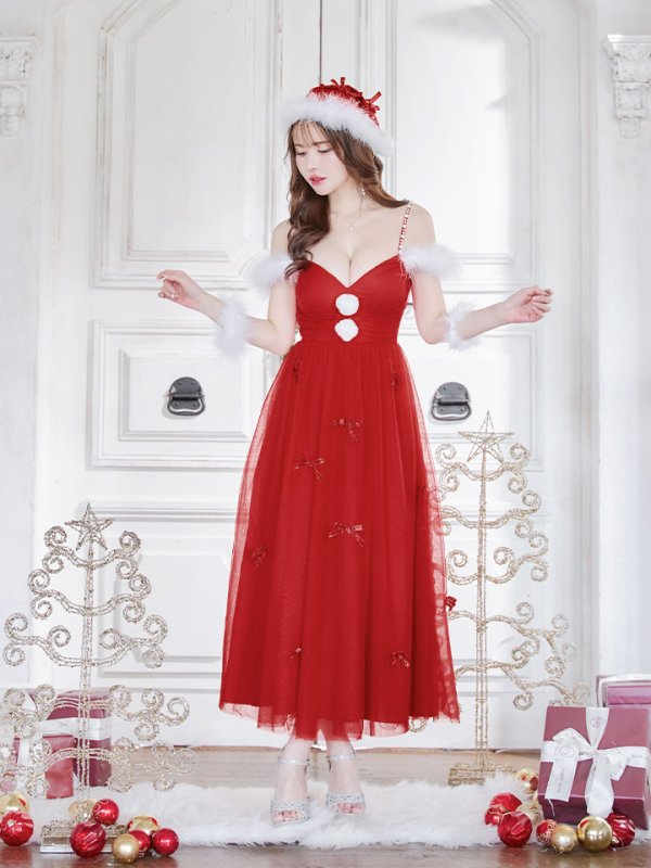 画像11: 【ノベルティ対象】【即日発送】【サンタコス 4点セット】【S-XLサイズ/1カラー】ミディアムスカートキャミリボンサンタコスプレ[YMT]