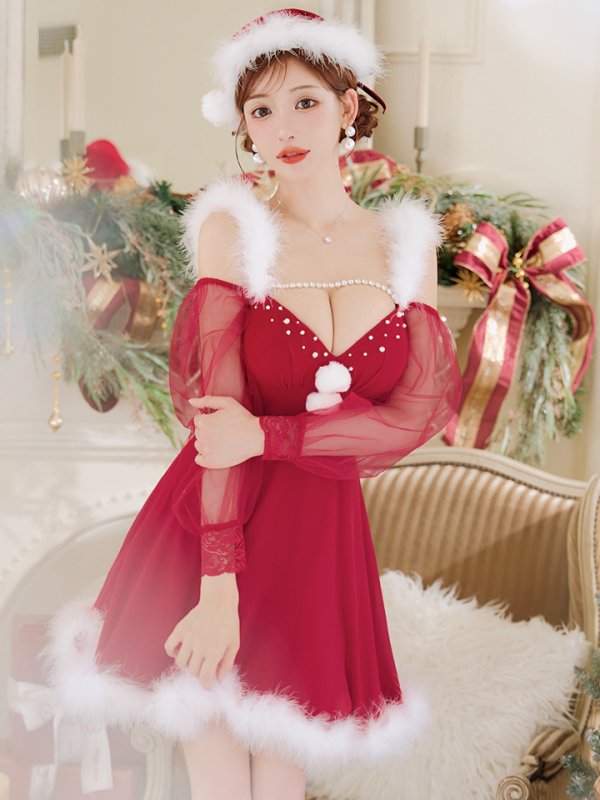 画像28: 【ノベルティ対象】【即日発送】【サンタコス 3点セット】【XS-XLサイズ/2カラー】シアーチュールオフショルダーサンタコスプレ[YMT]
