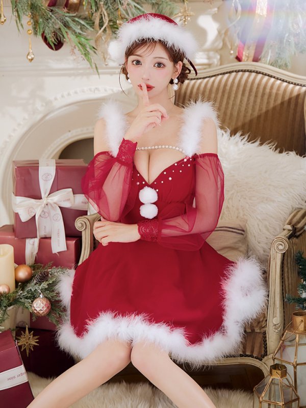 画像35: 【ノベルティ対象】【即日発送】【サンタコス 3点セット】【XS-XLサイズ/2カラー】シアーチュールオフショルダーサンタコスプレ[YMT]