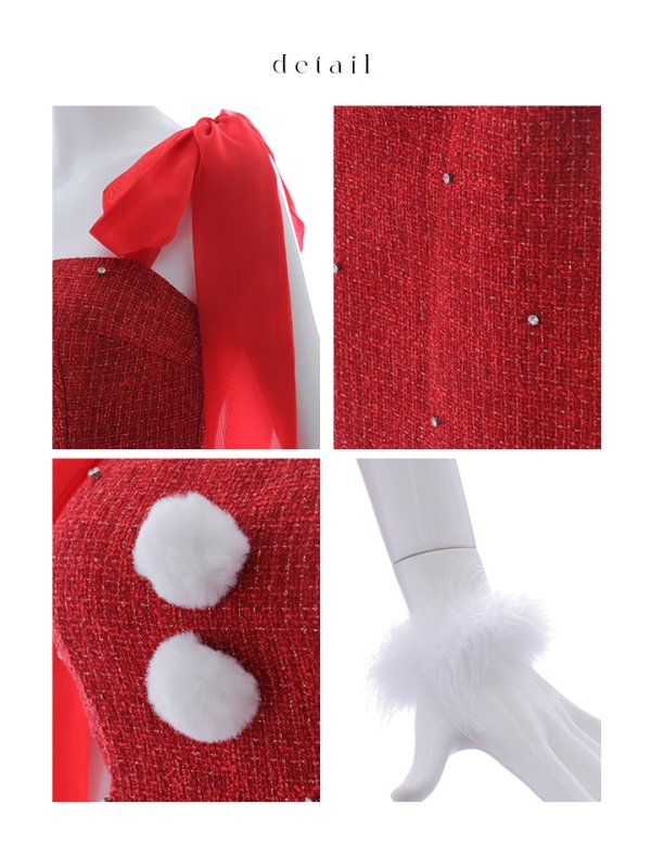 画像45: 【即日発送！】【サンタコス 4点セット】【S-Lサイズ/2カラー】リボンショルダーツイードビジューミディアムサンタコスプレ[YMT]