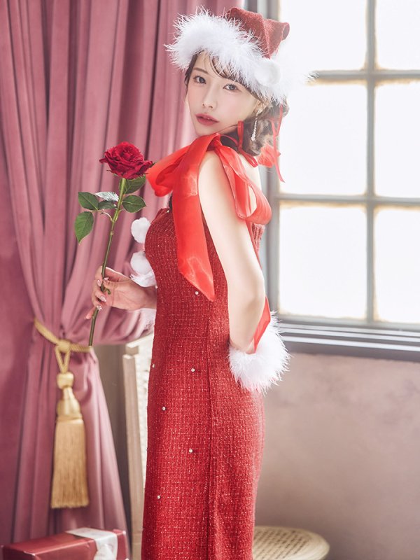 画像10: 【即日発送！】【サンタコス 4点セット】【S-Lサイズ/2カラー】リボンショルダーツイードビジューミディアムサンタコスプレ[YMT]