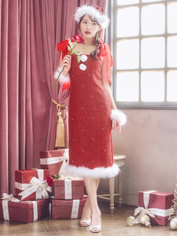 画像13: 【即日発送！】【サンタコス 4点セット】【S-Lサイズ/2カラー】リボンショルダーツイードビジューミディアムサンタコスプレ[YMT]