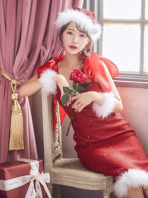 画像16: 【即日発送！】【サンタコス 4点セット】【S-Lサイズ/2カラー】リボンショルダーツイードビジューミディアムサンタコスプレ[YMT]