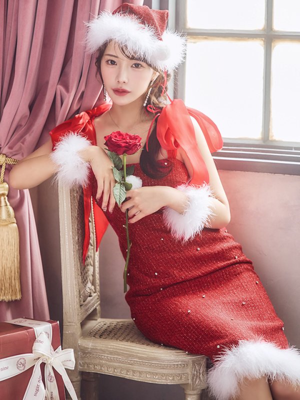 画像17: 【即日発送！】【サンタコス 4点セット】【S-Lサイズ/2カラー】リボンショルダーツイードビジューミディアムサンタコスプレ[YMT]