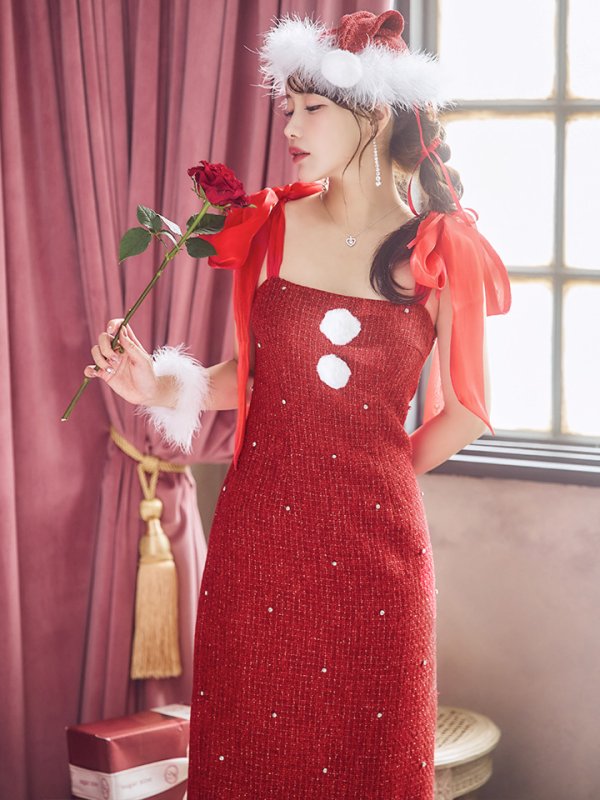 画像3: 【即日発送！】【サンタコス 4点セット】【S-Lサイズ/2カラー】リボンショルダーツイードビジューミディアムサンタコスプレ[YMT]