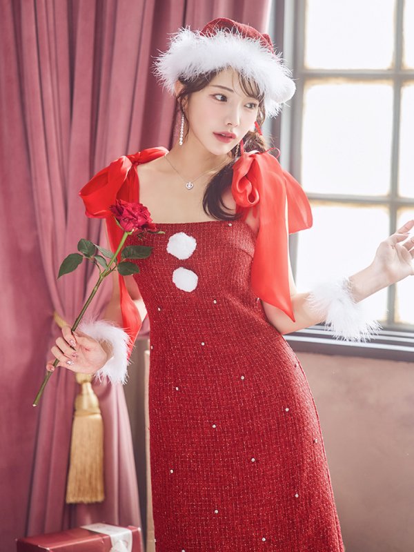 画像9: 【即日発送！】【サンタコス 4点セット】【S-Lサイズ/2カラー】リボンショルダーツイードビジューミディアムサンタコスプレ[YMT]