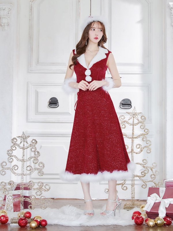 画像26: 【ノベルティ対象】【即日発送！】【サンタコス 5点セット】【S-Lサイズ/1カラー】セットアップ襟付きミディアムサンタコスプレ[YMT]