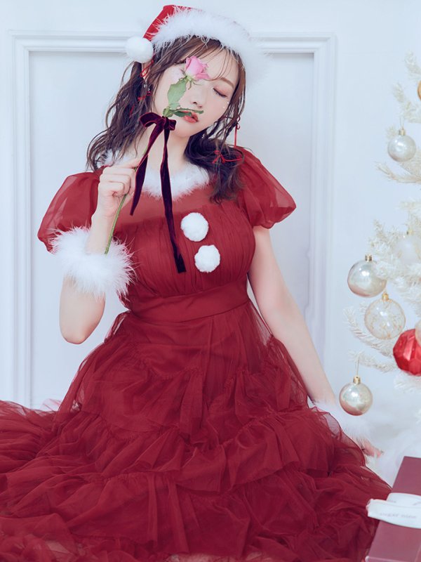 画像10: 【即日発送！】【サンタコス 4点セット】【S-Lサイズ/1カラー】シースルーフリルチュールサンタコスプレ[YMT]